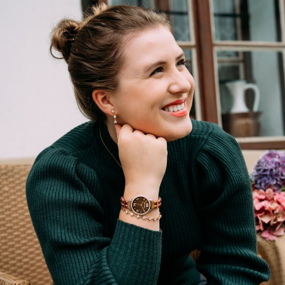 Damenuhr Edelstahl bicolor mit synth. Perlen braun 