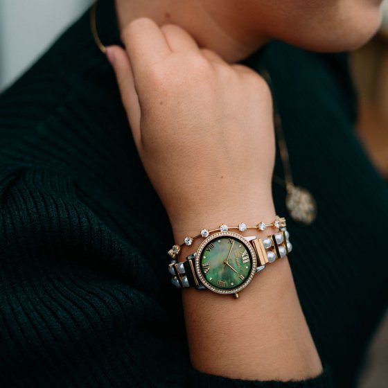 Damenuhr Edelstahl bicolor mit synth. Perlen weiß 