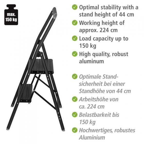 Alu-Klapptrittleiter Compact 2-stufig Schwarz, leichte & rutschfeste Haushaltsleiter, Sicherheits-Stehleiter 