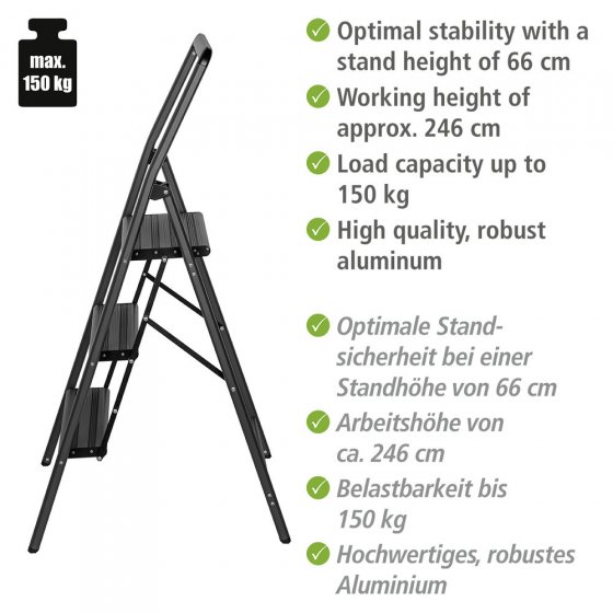 Alu-Klapptrittleiter Compact 3-stufig Schwarz, leichte & rutschfeste Haushaltsleiter, Sicherheits-Stehleiter 