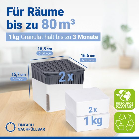 Raumentfeuchter Mod. Cube Weiß 1000 g, 2er Set, beugt Schimmel und Gerüchen vor