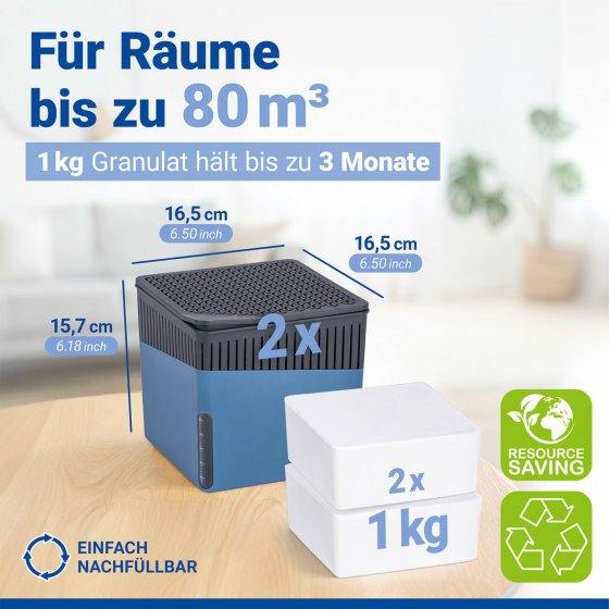 Raumentfeuchter Mod. Cube Blau 1000 g, 2er Set, beugt Schimmel und Gerüchen vor