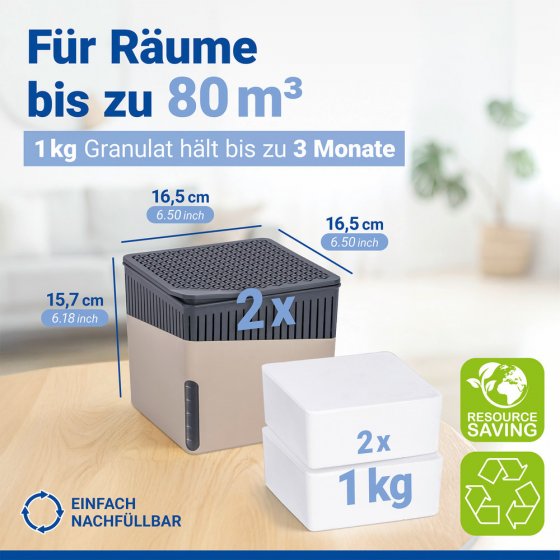 Raumentfeuchter Mod. Cube Beige 1000 g, 2er Set, beugt Schimmel und Gerüchen vor