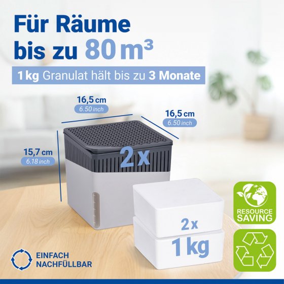 Raumentfeuchter Mod. Cube Grau 1000 g, 2er Set, beugt Schimmel und Gerüchen vor