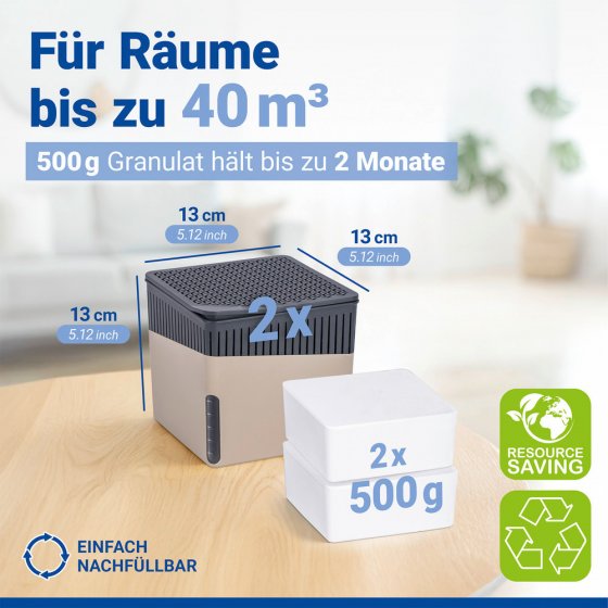 Raumentfeuchter Mod. Cube Beige 500 g, 2er Set, beugt Schimmel und Gerüchen vor