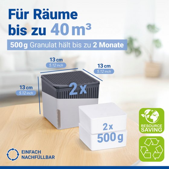 Raumentfeuchter Mod. Cube Grau 500 g, 2er Set, beugt Schimmel und Gerüchen vor
