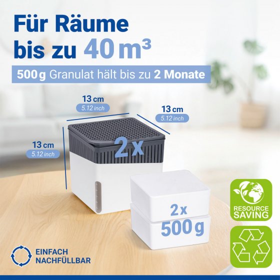 Raumentfeuchter Mod. Cube Weiß 500 g, 2er Set, beugt Schimmel und Gerüchen vor