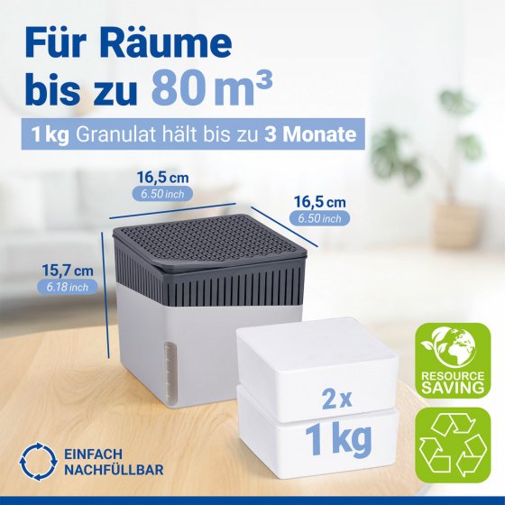 Raumentfeuchter Mod. Cube Grau 1000 g mit Nachfüller, beugt Schimmel und Gerüchen vor 