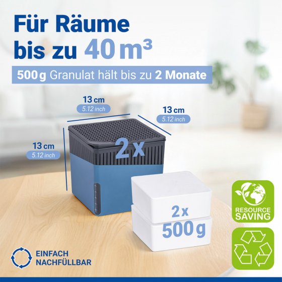 Raumentfeuchter Mod. Cube Blau 500 g, 2er Set, beugt Schimmel und Gerüchen vor