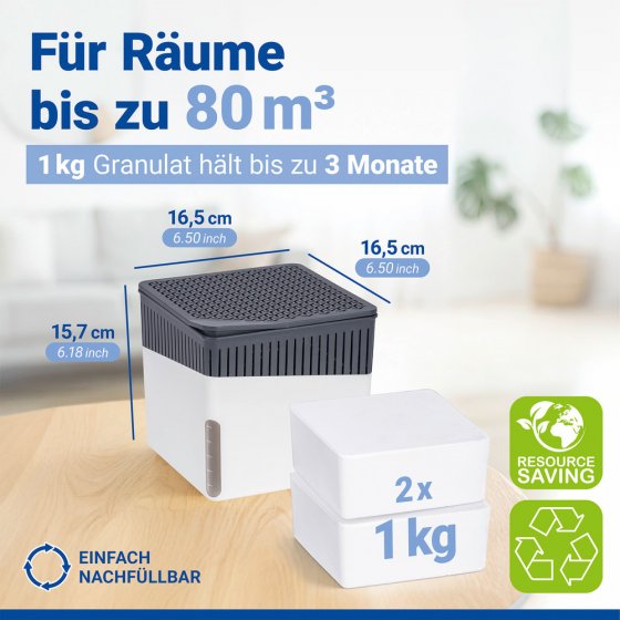 Raumentfeuchter Mod. Cube Weiß 1000 g mit Nachfüller, beugt Schimmel und Gerüchen vor