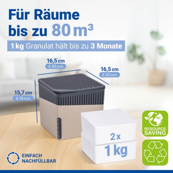 Raumentfeuchter Mod. Cube Beige 1000 g mit Nachfüller, beugt Schimmel und Gerüchen vor