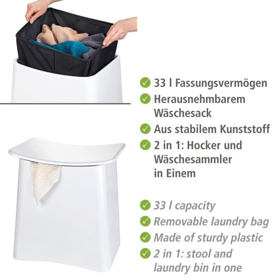 2in1 Hocker Mod. Wing Weiß, Badhocker mit herausnehmbarem Wäschesack 