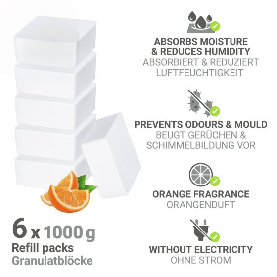 Raumentfeuchter Mod. Cube Nachfüller 1000 g mit Orangenduft, 6er Set, Luftentfeuchter Nachfüllpack 
