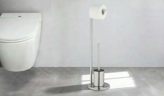 Stand WC-Garnitur Mod. Ferla, Edelstahl matt, mit WC-Papierrollenhalter und WC-Bürste 