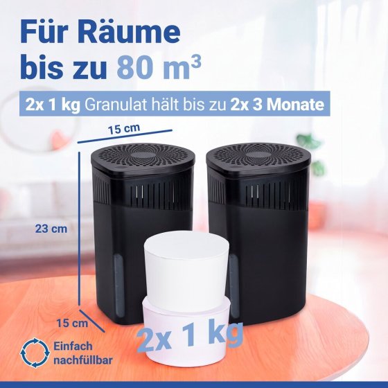 Raumentfeuchter Mod. Drop Schwarz 1000 g, 2er Set, für Räume bis ca. 80 m³ 