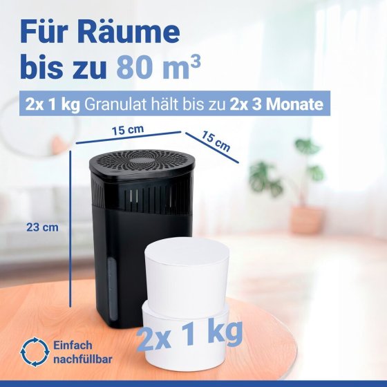 Raumentfeuchter Mod. Drop Schwarz 2 x 1000 g, für Räume bis ca. 80 m³ 