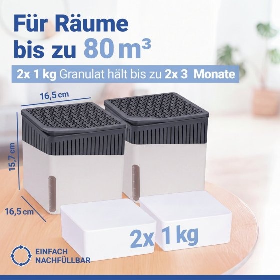 Raumentfeuchter Mod. Cube Weiß 1000 g, 2er Set, beugt Schimmel und Gerüchen vor 