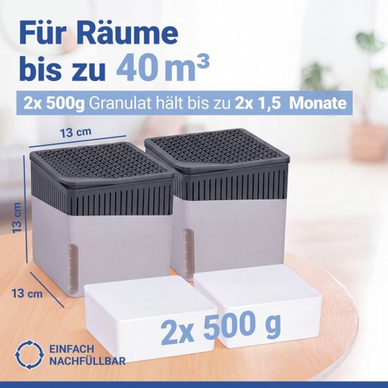 Raumentfeuchter Mod. Cube Grau 500 g, 2er Set, beugt Schimmel und Gerüchen vor 