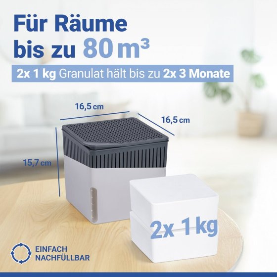 Raumentfeuchter Mod. Cube Grau 1000 g mit Nachfüller, beugt Schimmel und Gerüchen vor 