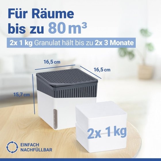 Luftentfeuchter Mod. Cube Weiß 1000 g mit Nachfüller, für Räume bis ca. 80 m³ 