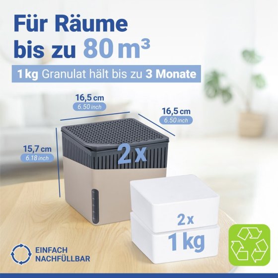 Raumentfeuchter Mod. Cube Beige 1000 g, 2er Set, beugt Schimmel und Gerüchen vor 