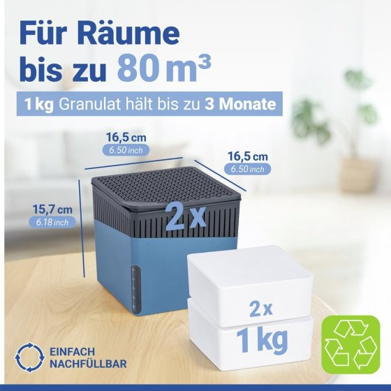 Raumentfeuchter Mod. Cube Blau 1000 g, 2er Set, beugt Schimmel und Gerüchen vor 