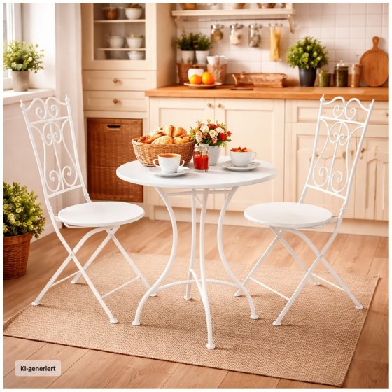 Bistro Sitzgruppe Metall Creme Tisch mit 2 Stühlen Balkon Set Gartenmöbel 