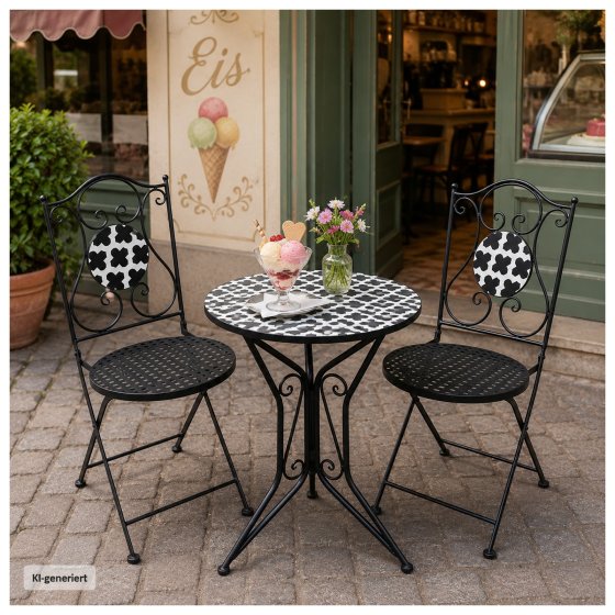Bistro Sitzgruppe Metall schwarz Tisch mit 2 Stühlen Balkon Set mit Motiv Black and White 