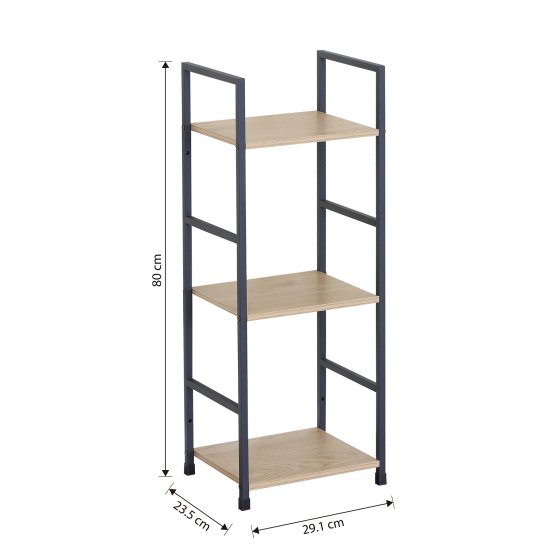 Schmale Regalablage mit Stahlgestell und MDF-Böden in Artisaneiche 