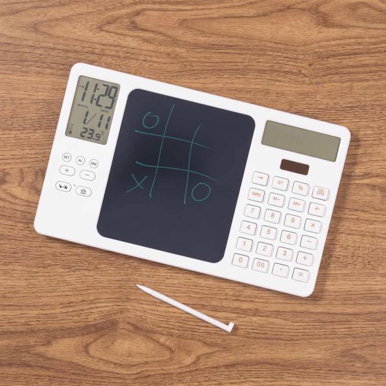 Elektronische Schreibtafel mit Taschenrechner und Uhr 