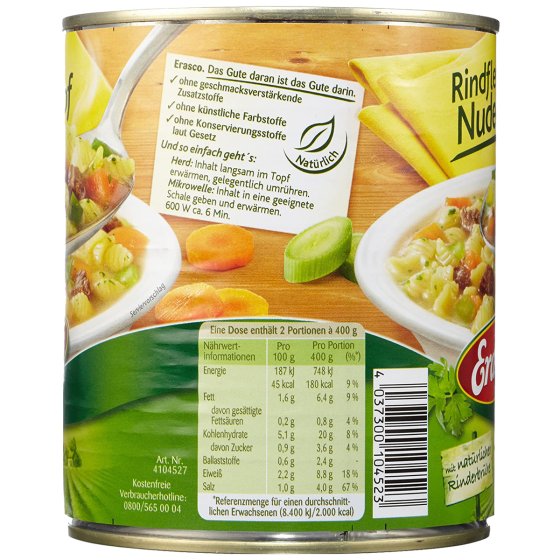 Erasco Rindfleisch Nudeltopf mit natürlicher Rinderbrühe 800g 
