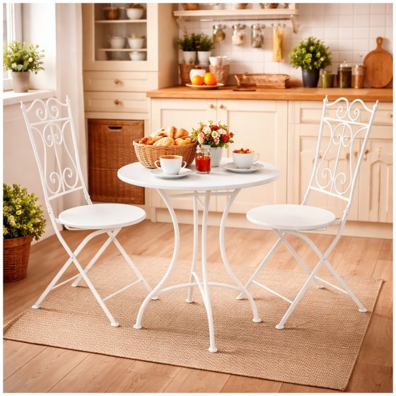 Bistro Sitzgruppe Metall Creme Tisch mit 2 Stühlen Balkon Set Gartenmöbel 