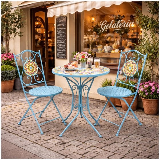 Bistro Sitzgruppe Metall weiß Tisch mit 2 Stühlen Balkon Set Gartenmöbel 