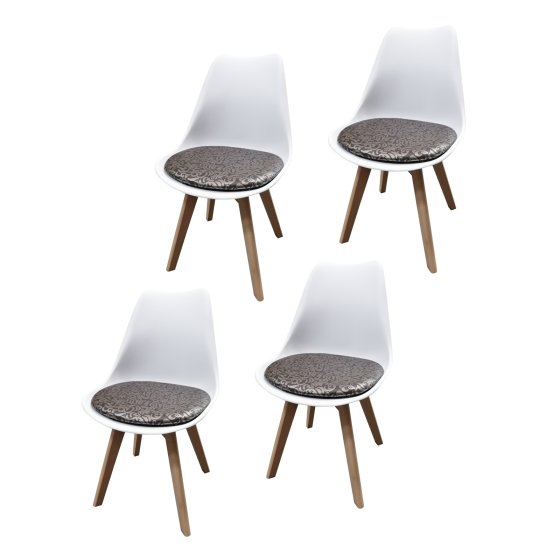 Esszimmerstuhl 4er Set Weiß mit Kunstledersitz Atlanta Braun mit Ornament 