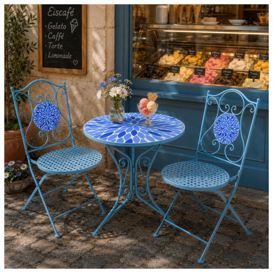 Gartenstuhl 2er-Set Metall Blau mit Blütenmotiv 