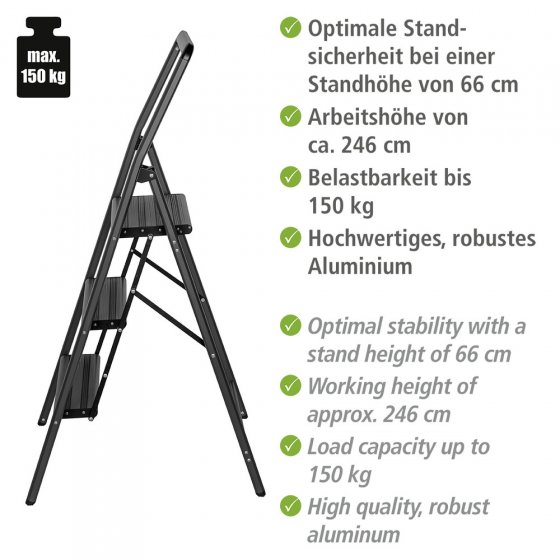 Alu-Klapptrittleiter Compact 3-stufig Dunkelgrau, leichte & rutschfeste Haushaltsleiter