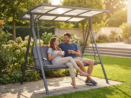 Gartenschaukel 3-Sitzer Hollywoodschaukel mit Dach grau 