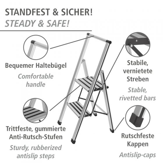 Alu-Design Klapptrittleiter 2-stufig Silber, rutschsichere XXL-Stufen