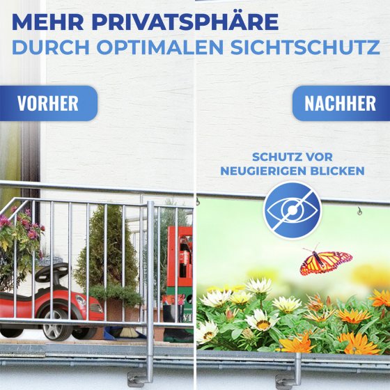 Balkon-Sichtschutz mit Schmetterlings-Motiv, 5 m, reißfester Sichtschutz mit Schmetterlings-Motiv 