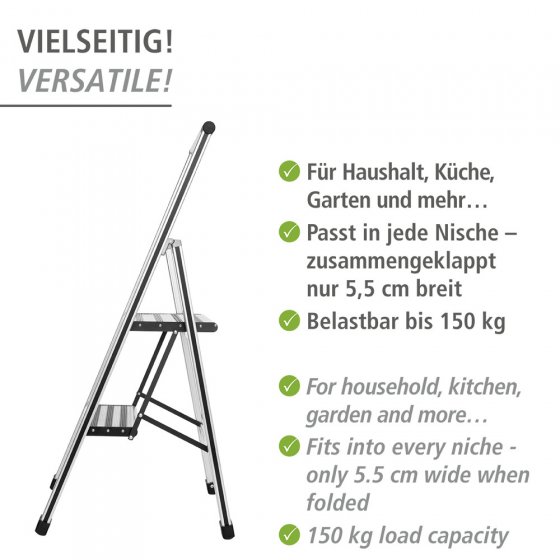 Alu-Design Klapptrittleiter 2-stufig Silber, rutschsichere XXL-Stufen