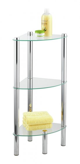 Eckregal Mod. Yago mit 3 Glasablagen, aus Edelstahl und Sicherheitsglas