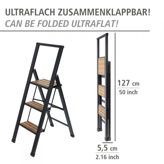 Alu-Design Klapptrittleiter 3-stufig Schwarz, rutschsichere XXL-Stufen