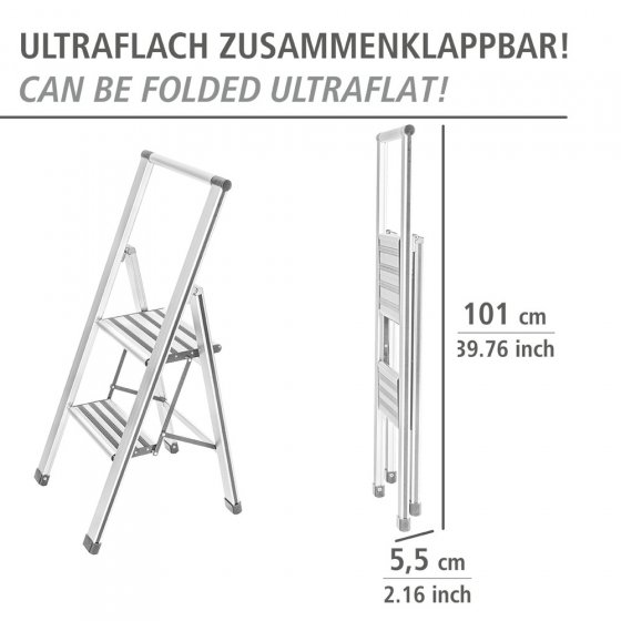 Alu-Design Klapptrittleiter 2-stufig Weiß, rutschsichere XXL-Stufen