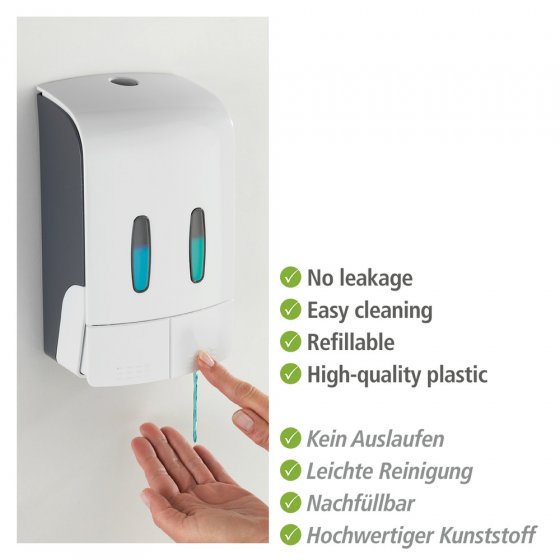 2-Kammer Desinfektionsmittel- und Seifenspender Mod. Tartas Weiß, Füllmenge je Kammer: 480 ml 