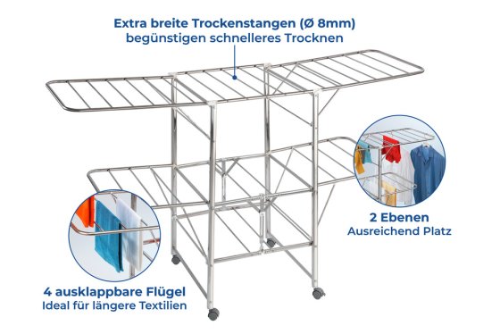 Wäschetrockner Edelstahl Mod. Mobil, mobiler Wäscheständer mit Leichtlaufrollen und Feststellbremsen 