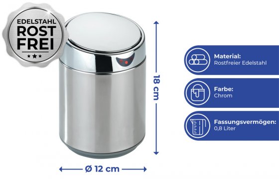 Tisch- und Kosmetikeimer mit Sensor Chrom, 0,8 l 
