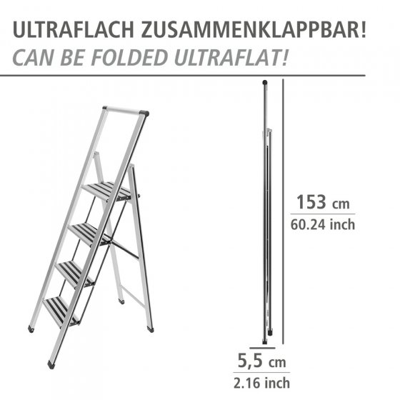 Alu-Design Klapptrittleiter 4-stufig Silber, rutschsichere XXL-Stufen
