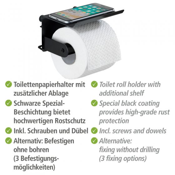 Toilettenpapierhalter mit Ablage Classic Plus Black, mit hochwertigem Rostschutz