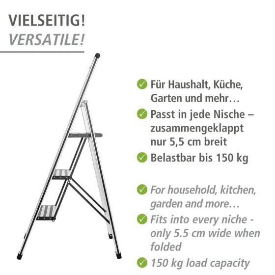 Alu-Design Klapptrittleiter 3-stufig Silber, rutschsichere XXL-Stufen