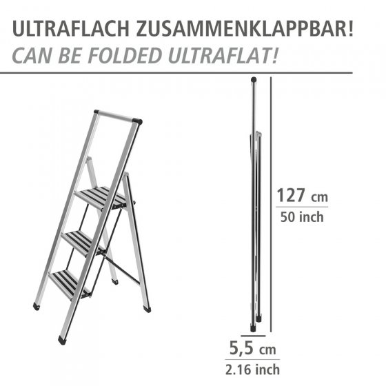 Alu-Design Klapptrittleiter 3-stufig Silber, rutschsichere XXL-Stufen
